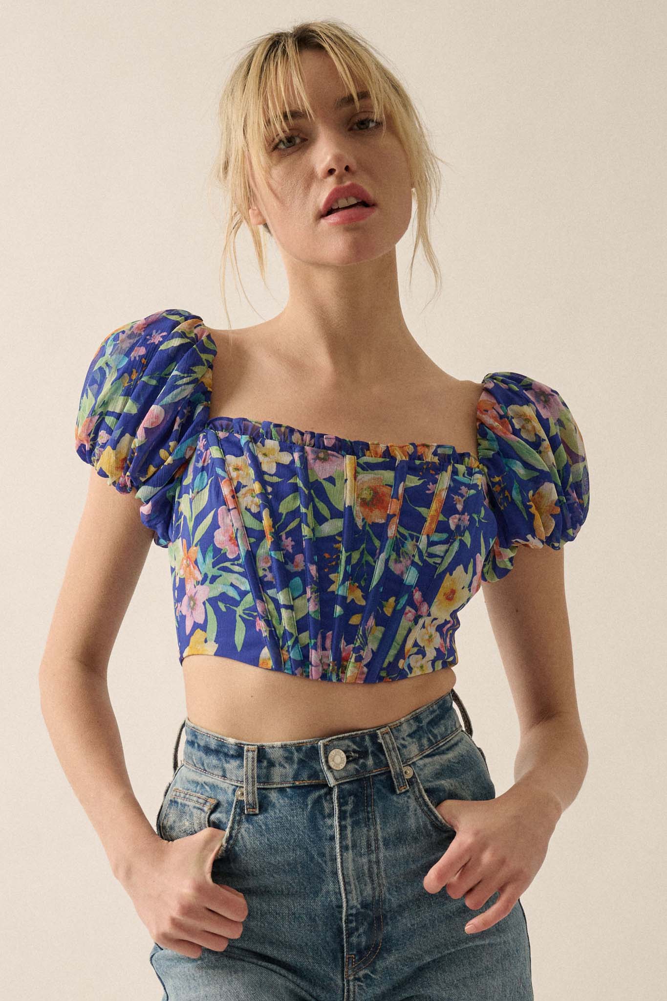 Bermuda Babe Floral Chiffon Puff-Sleeve Corset Top - ShopPromesa