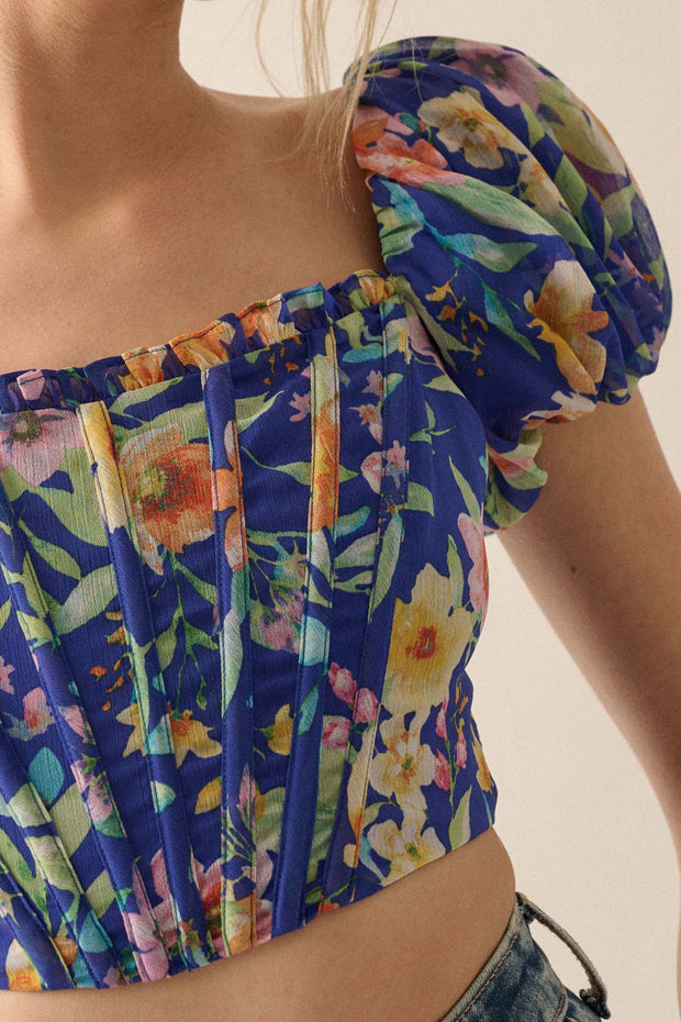 Bermuda Babe Floral Chiffon Puff-Sleeve Corset Top - ShopPromesa