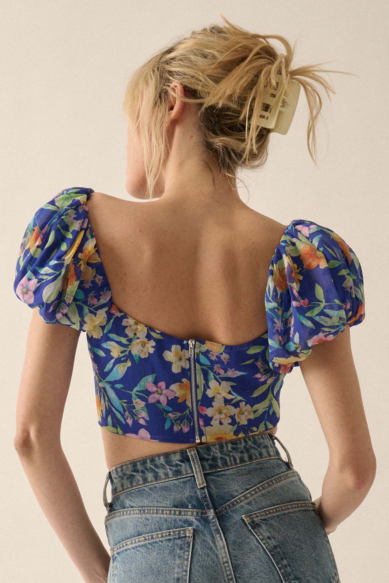 Bermuda Babe Floral Chiffon Puff-Sleeve Corset Top - ShopPromesa