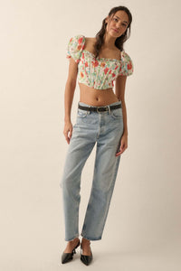 Bermuda Babe Floral Chiffon Puff-Sleeve Corset Top - ShopPromesa