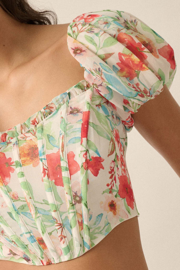 Bermuda Babe Floral Chiffon Puff-Sleeve Corset Top - ShopPromesa