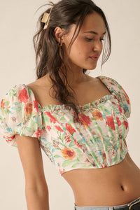 Bermuda Babe Floral Chiffon Puff-Sleeve Corset Top - ShopPromesa