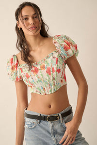 Bermuda Babe Floral Chiffon Puff-Sleeve Corset Top - ShopPromesa