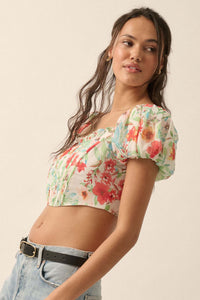 Bermuda Babe Floral Chiffon Puff-Sleeve Corset Top - ShopPromesa