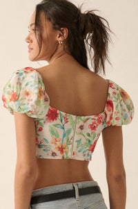 Bermuda Babe Floral Chiffon Puff-Sleeve Corset Top - ShopPromesa