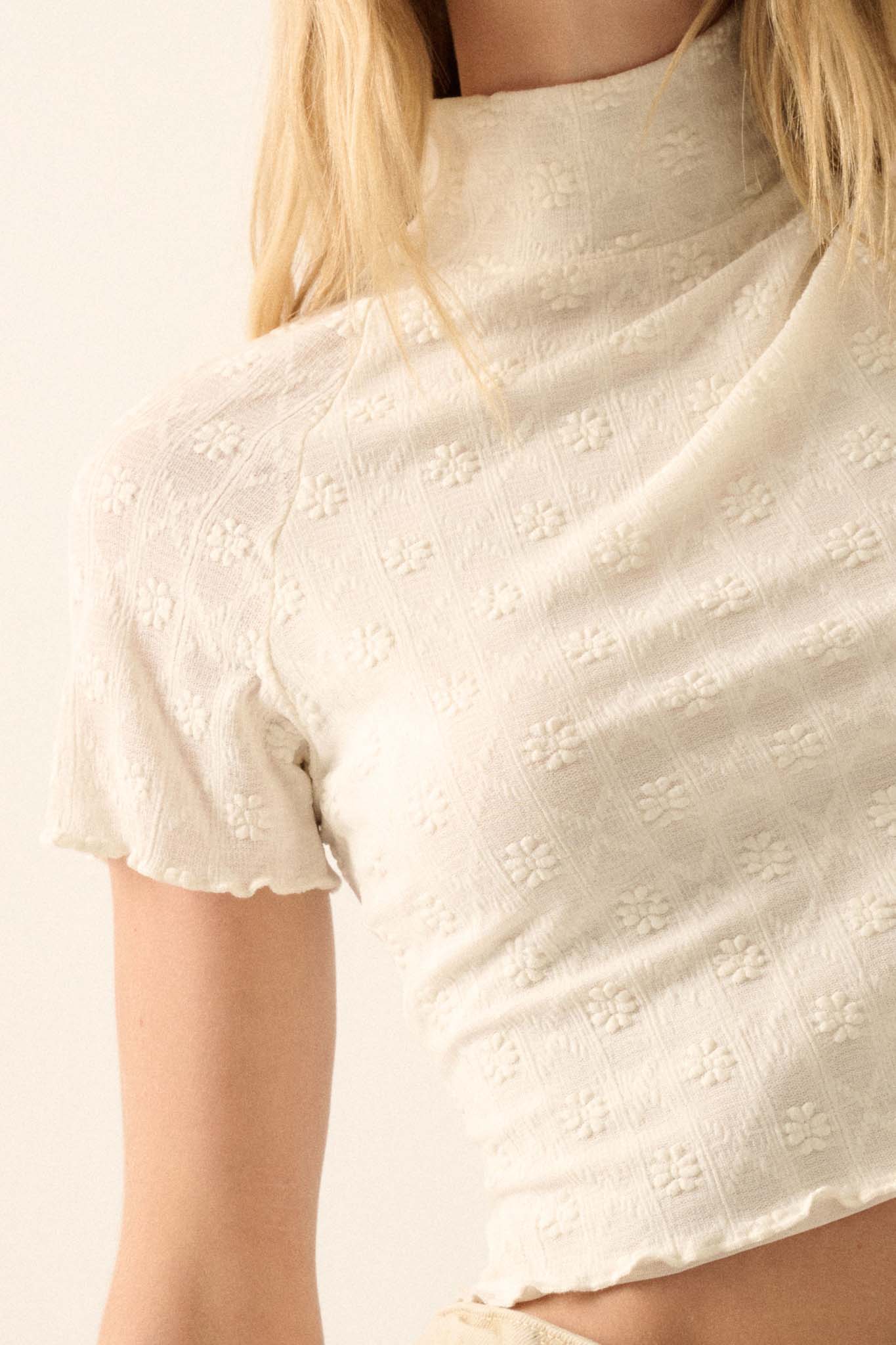 Purely Dainty Floral Lace Mock-Neck Baby Tee - ShopPromesa