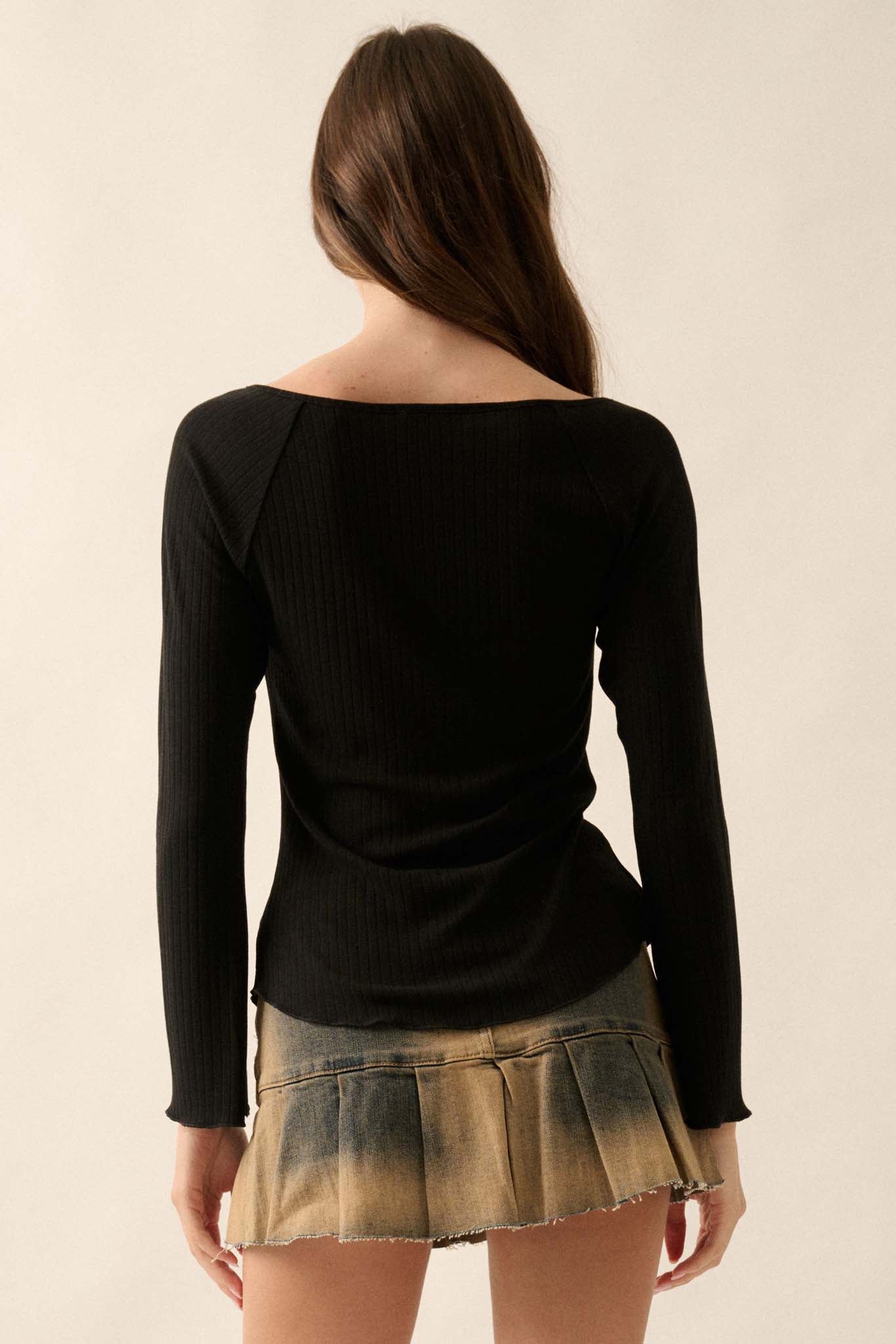 All Good Ribbed Knit Bell-Sleeve Split-Front Top - ShopPromesa