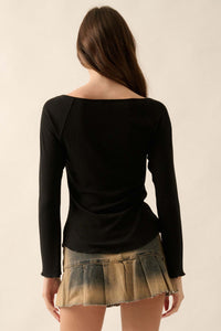 All Good Ribbed Knit Bell-Sleeve Split-Front Top - ShopPromesa