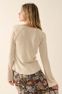 All Good Ribbed Knit Bell-Sleeve Split-Front Top - ShopPromesa