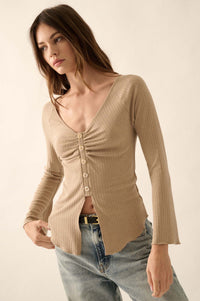 All Good Ribbed Knit Bell-Sleeve Split-Front Top - ShopPromesa