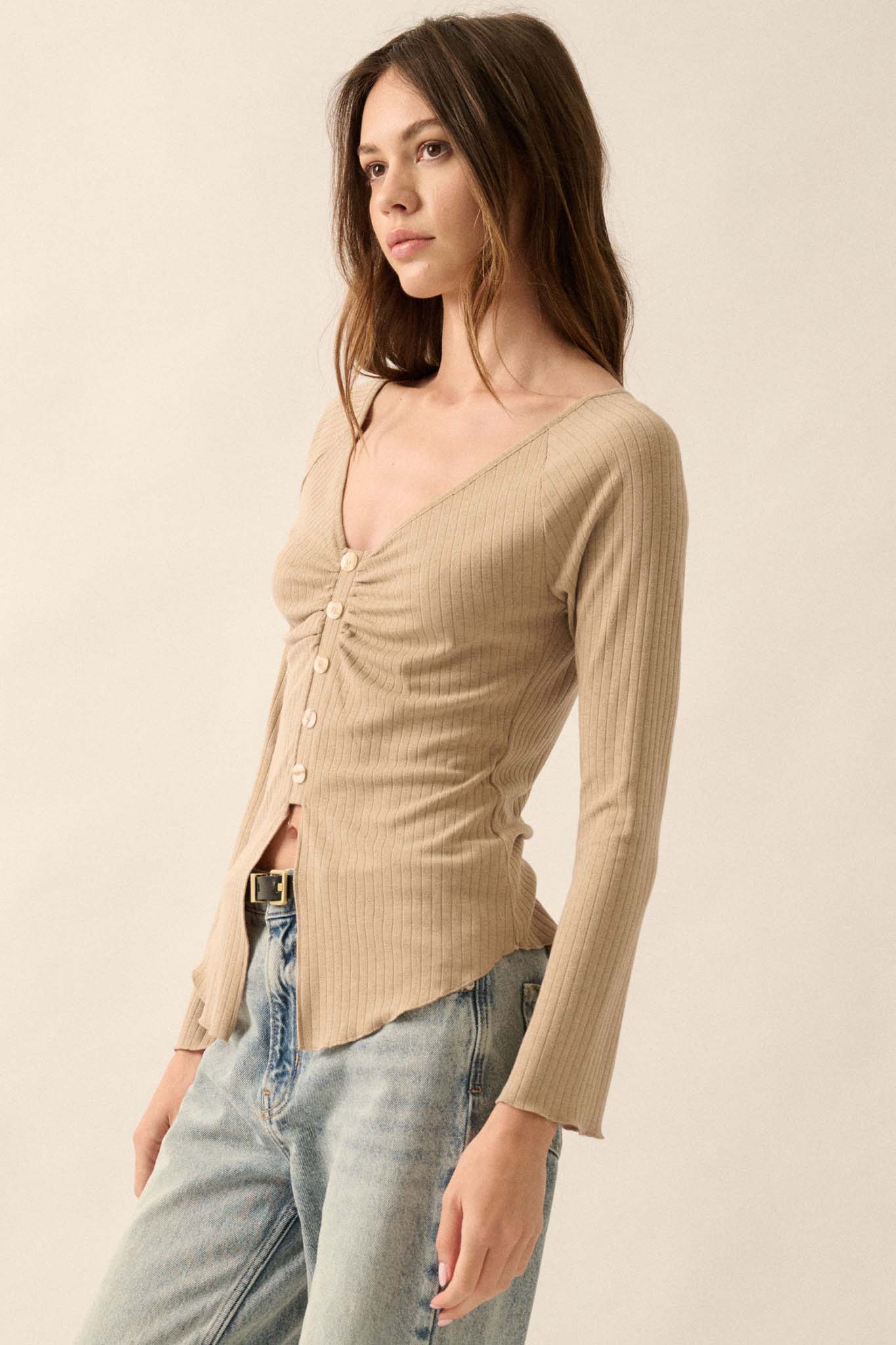 All Good Ribbed Knit Bell-Sleeve Split-Front Top - ShopPromesa