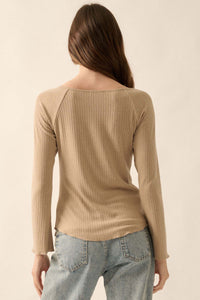 All Good Ribbed Knit Bell-Sleeve Split-Front Top - ShopPromesa