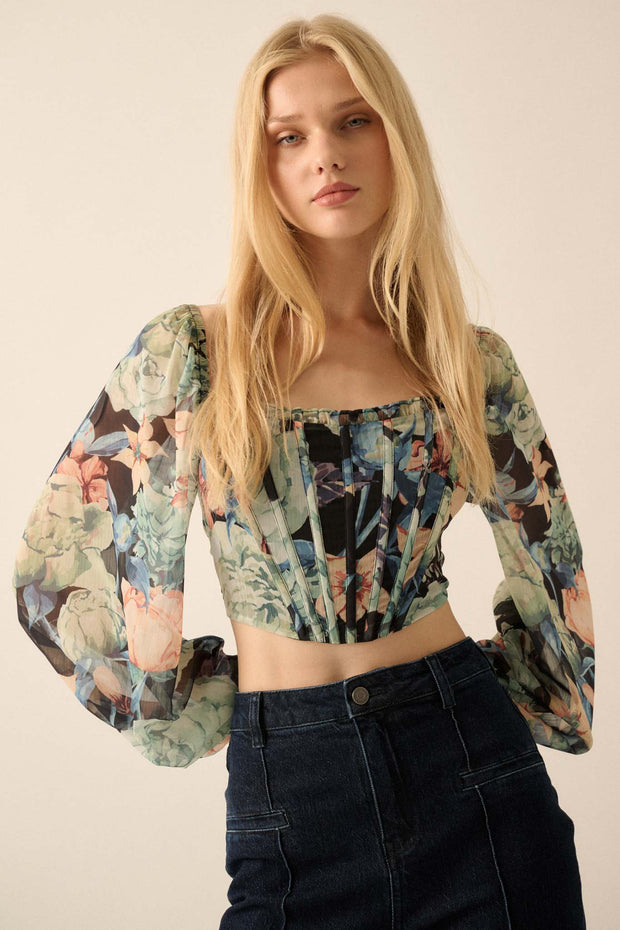 Belle Blossoms Floral Chiffon Cropped Corset Top