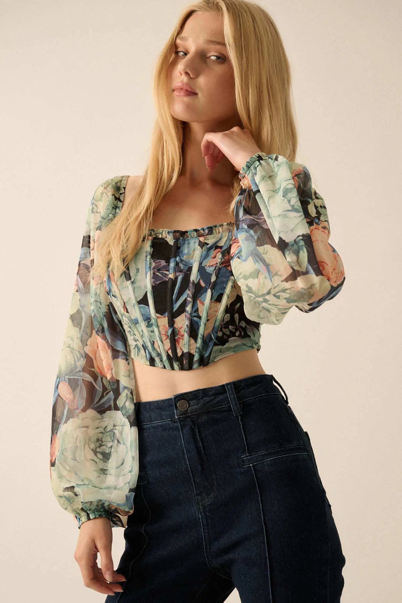 輝い Floral Blossoms Belle Chiffon Top Corset Cropped テープ・マスキングテープ