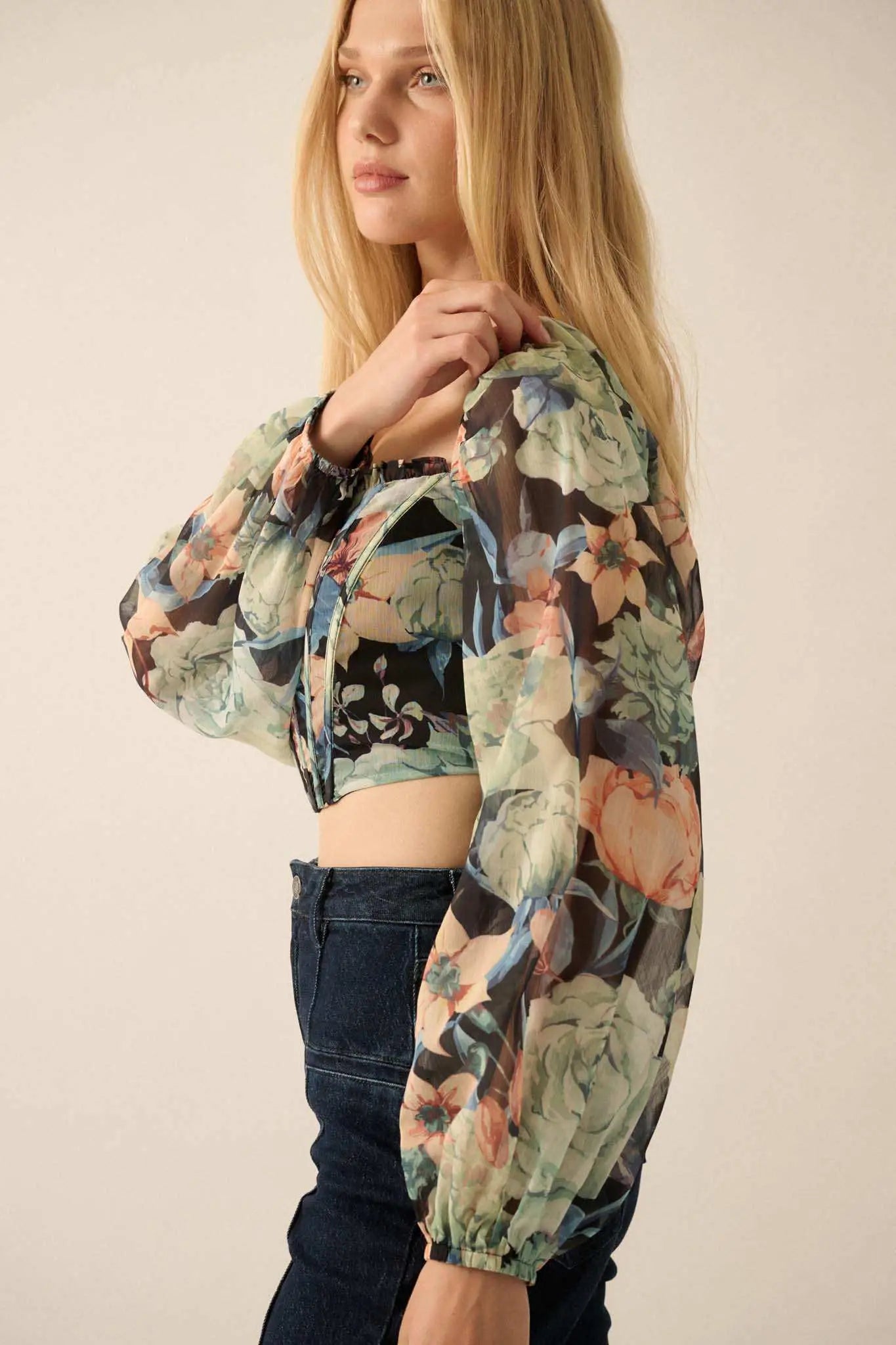 Belle Blossoms Floral Chiffon Cropped Corset Top