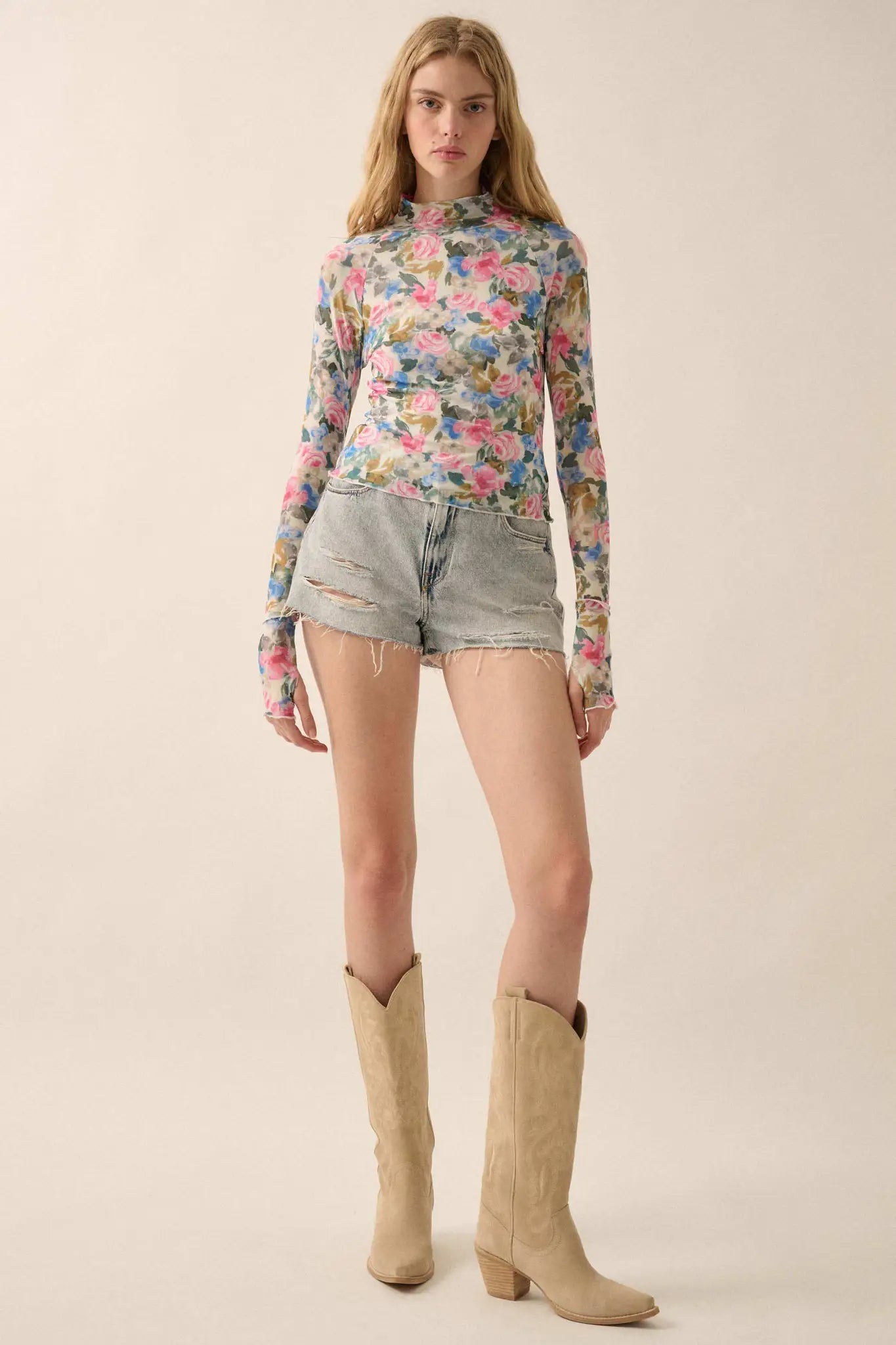 Fresh Picked Floral Mesh Mock-Neck Thumbhole Top - ShopPromesa