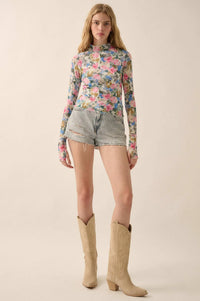 Fresh Picked Floral Mesh Mock-Neck Thumbhole Top - ShopPromesa