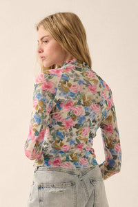 Fresh Picked Floral Mesh Mock-Neck Thumbhole Top - ShopPromesa