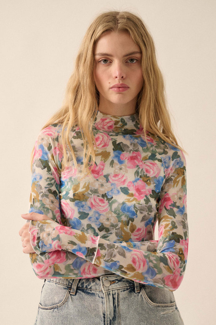 Fresh Picked Floral Mesh Mock-Neck Thumbhole Top - ShopPromesa