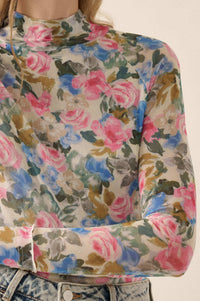 Fresh Picked Floral Mesh Mock-Neck Thumbhole Top - ShopPromesa