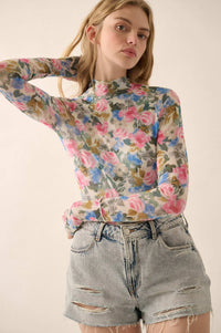 Fresh Picked Floral Mesh Mock-Neck Thumbhole Top - ShopPromesa