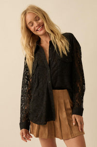 Pure Poetry Floral Lace Button-Up Pocket Shirt - ShopPromesa