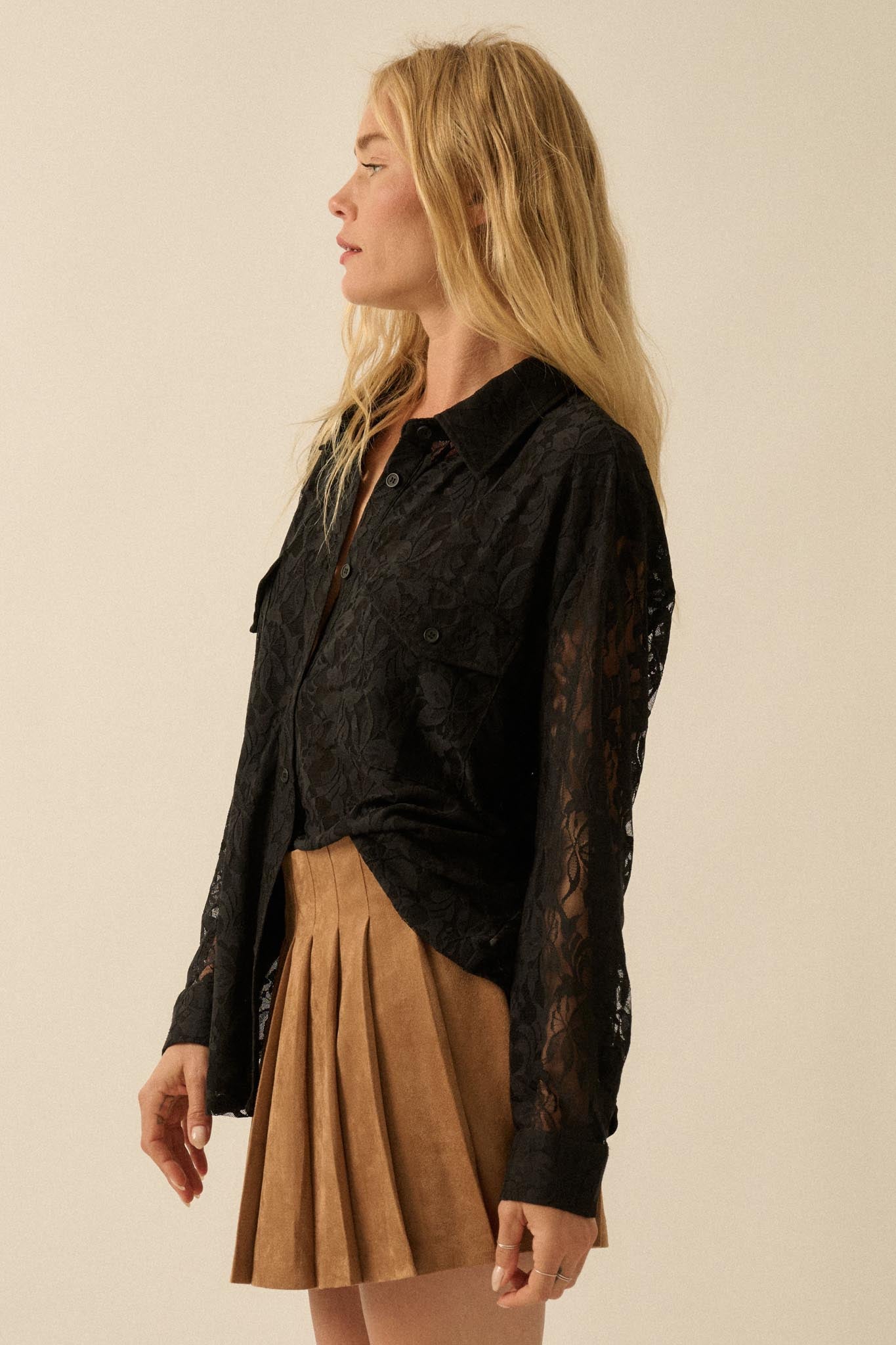 Pure Poetry Floral Lace Button-Up Pocket Shirt - ShopPromesa
