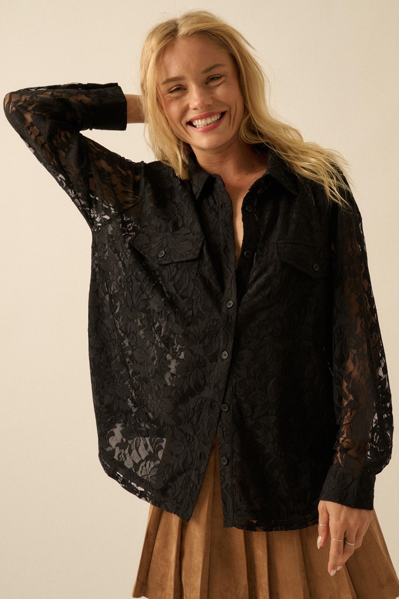 Pure Poetry Floral Lace Button-Up Pocket Shirt - ShopPromesa