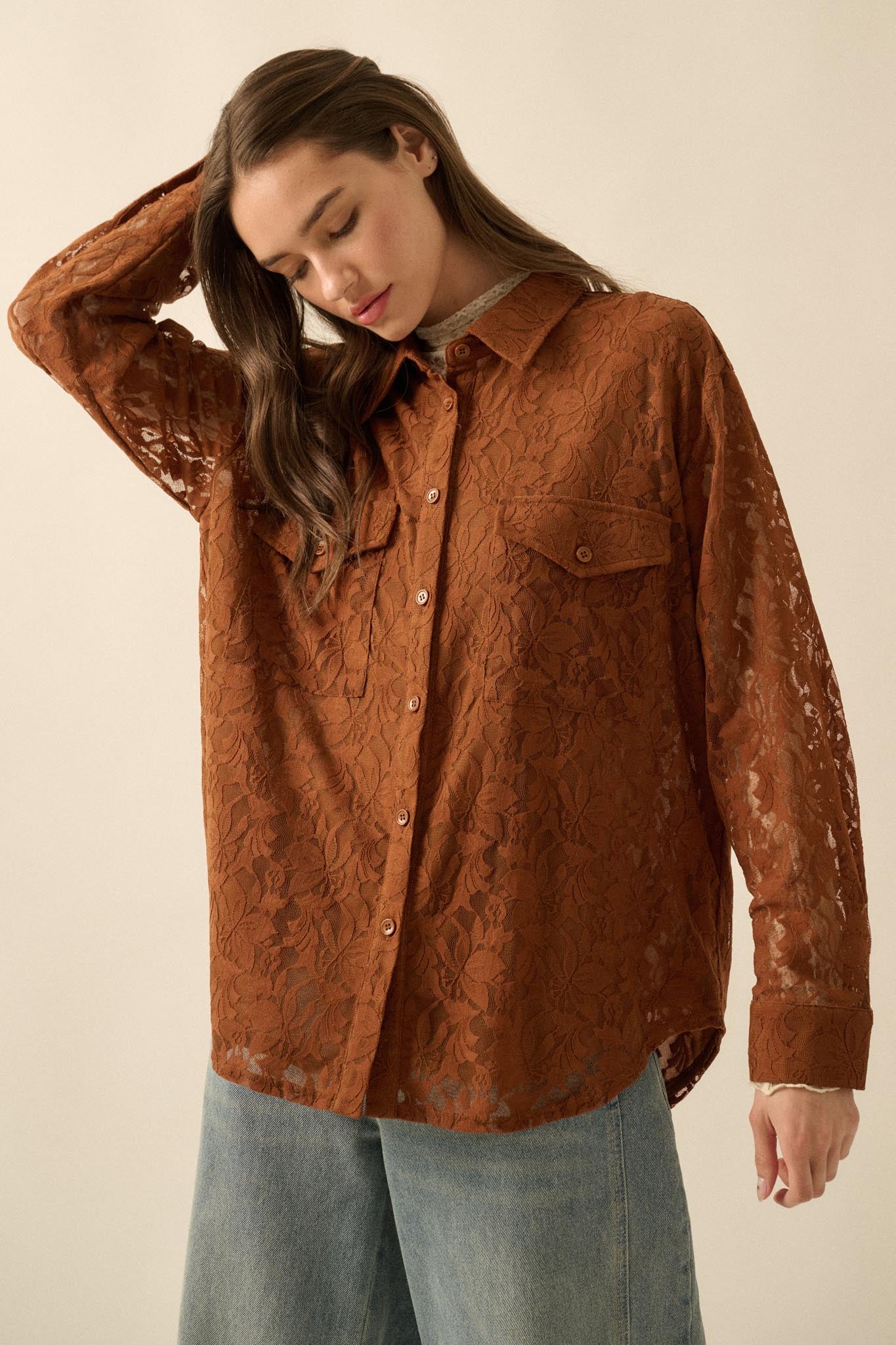 Pure Poetry Floral Lace Button-Up Pocket Shirt - ShopPromesa