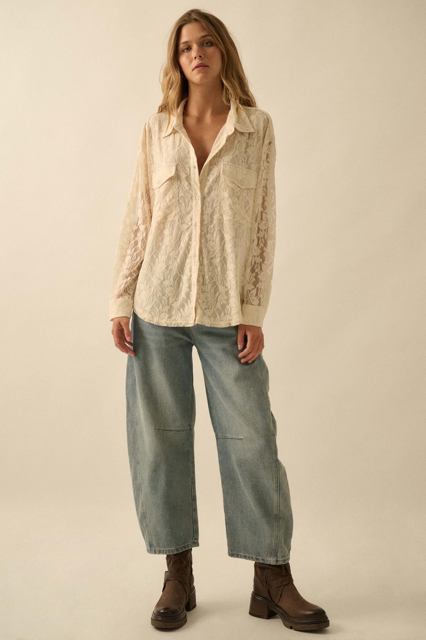 Pure Poetry Floral Lace Button-Up Pocket Shirt - ShopPromesa