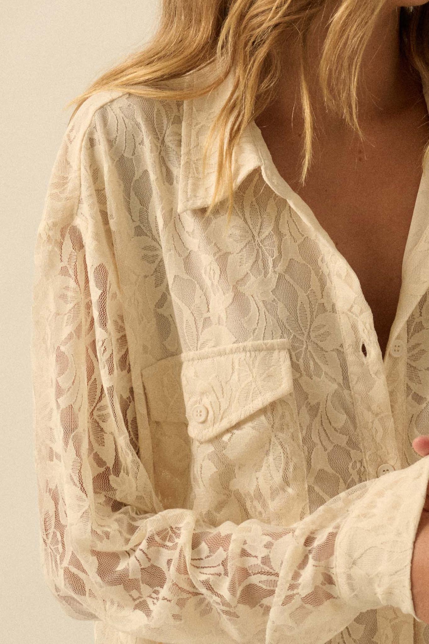 Pure Poetry Floral Lace Button-Up Pocket Shirt - ShopPromesa