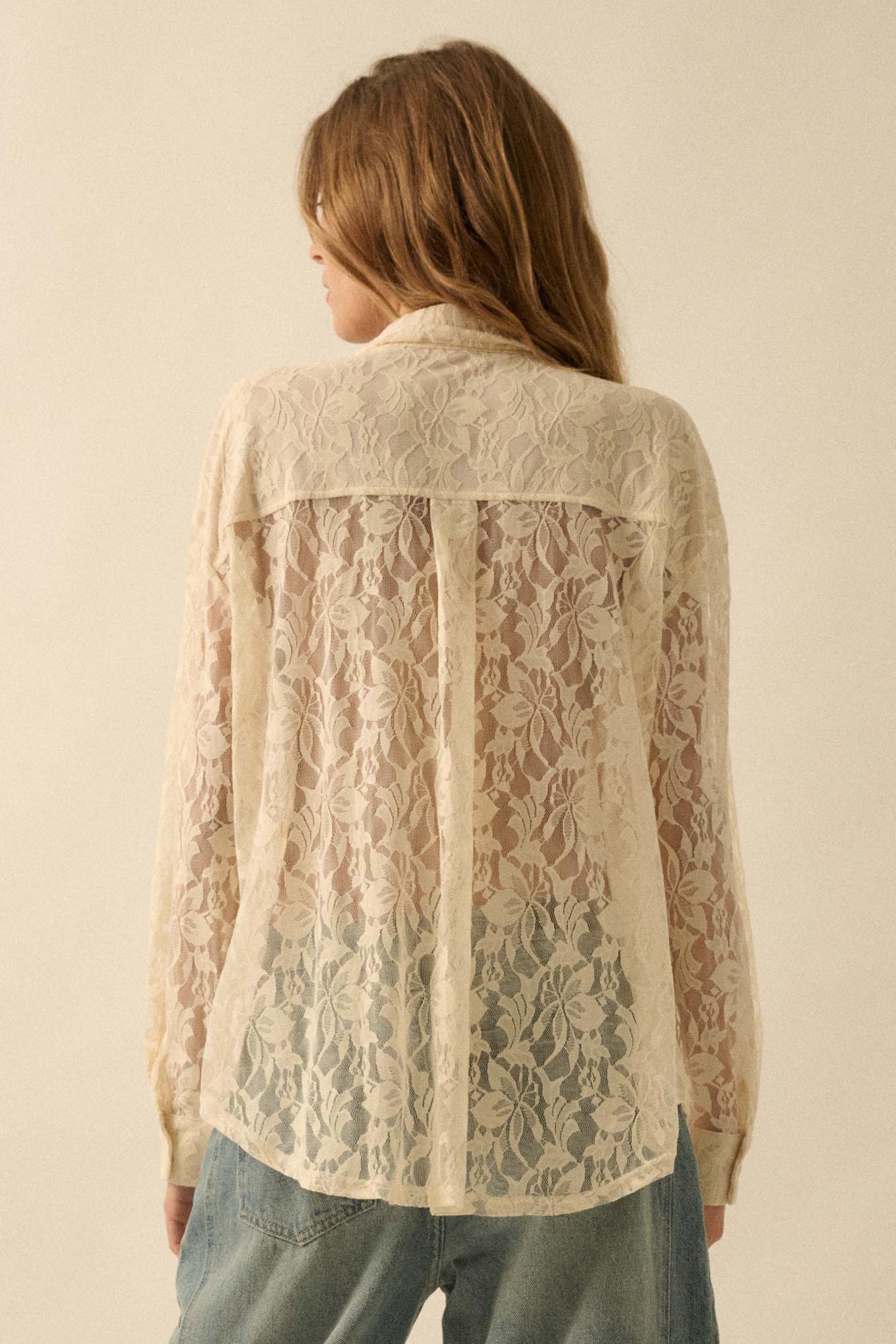 Pure Poetry Floral Lace Button-Up Pocket Shirt - ShopPromesa