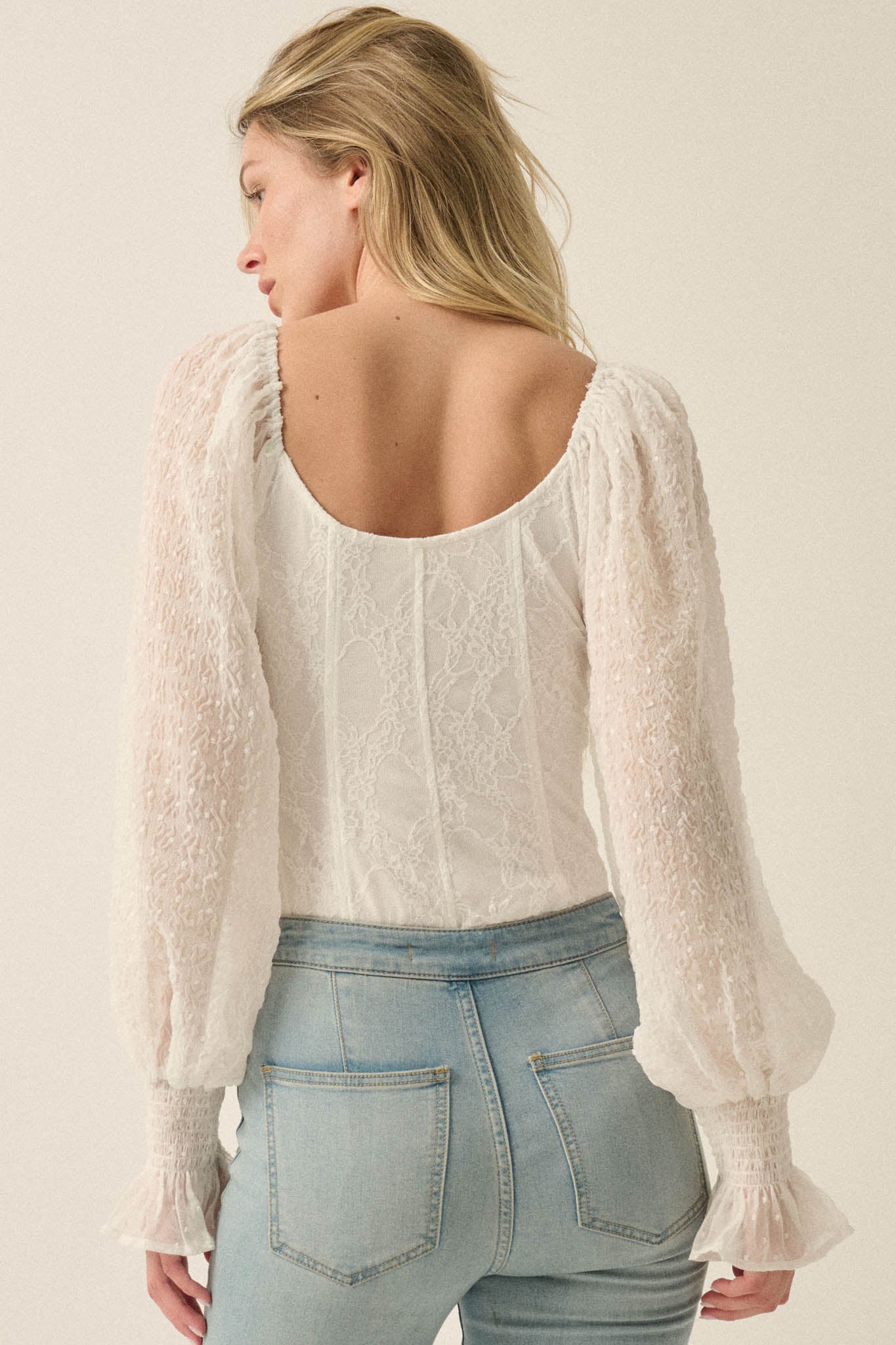 Pretty Much Lace and Swiss Dot Bishop-Sleeve Bodysuit - ShopPromesa