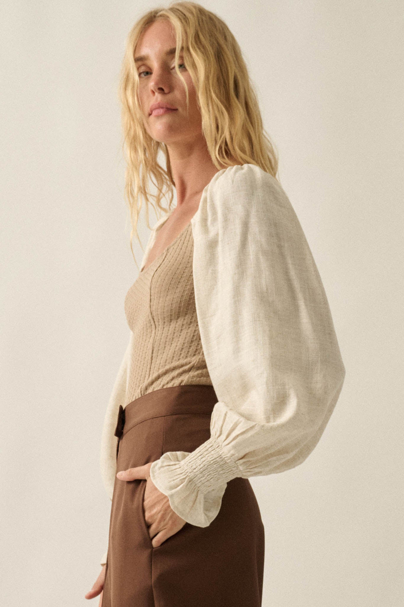 Pretty Perfect Waffle-Knit Bishop-Sleeve Bodysuit - ShopPromesa