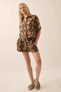 Mahogany Blooms Geometric Floral Camp Shirt - ShopPromesa