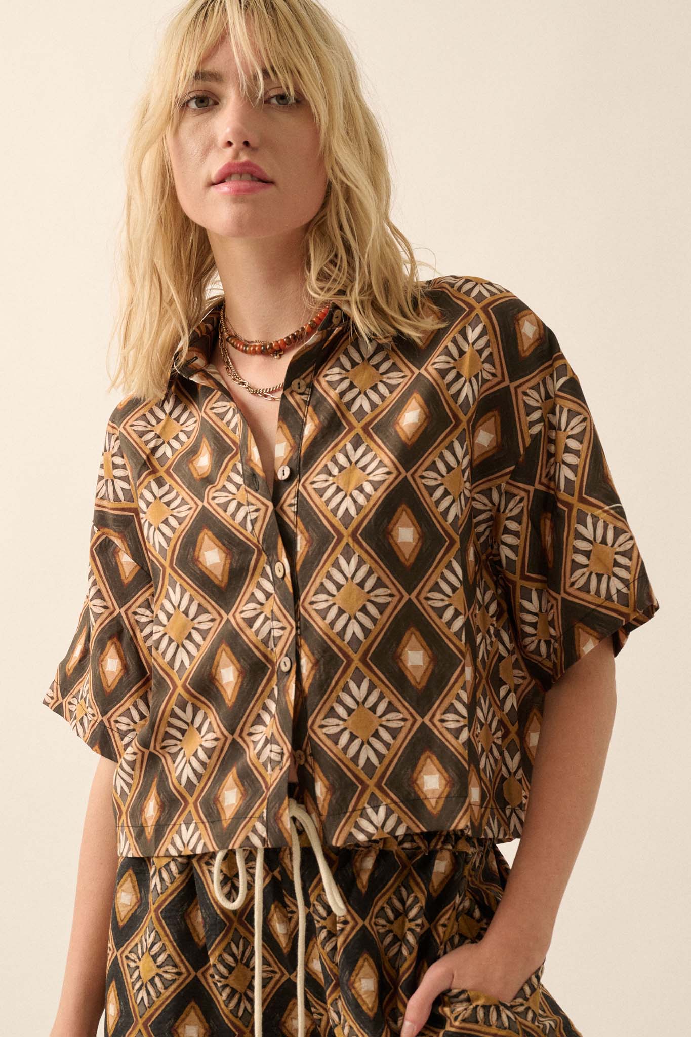 Mahogany Blooms Geometric Floral Camp Shirt - ShopPromesa