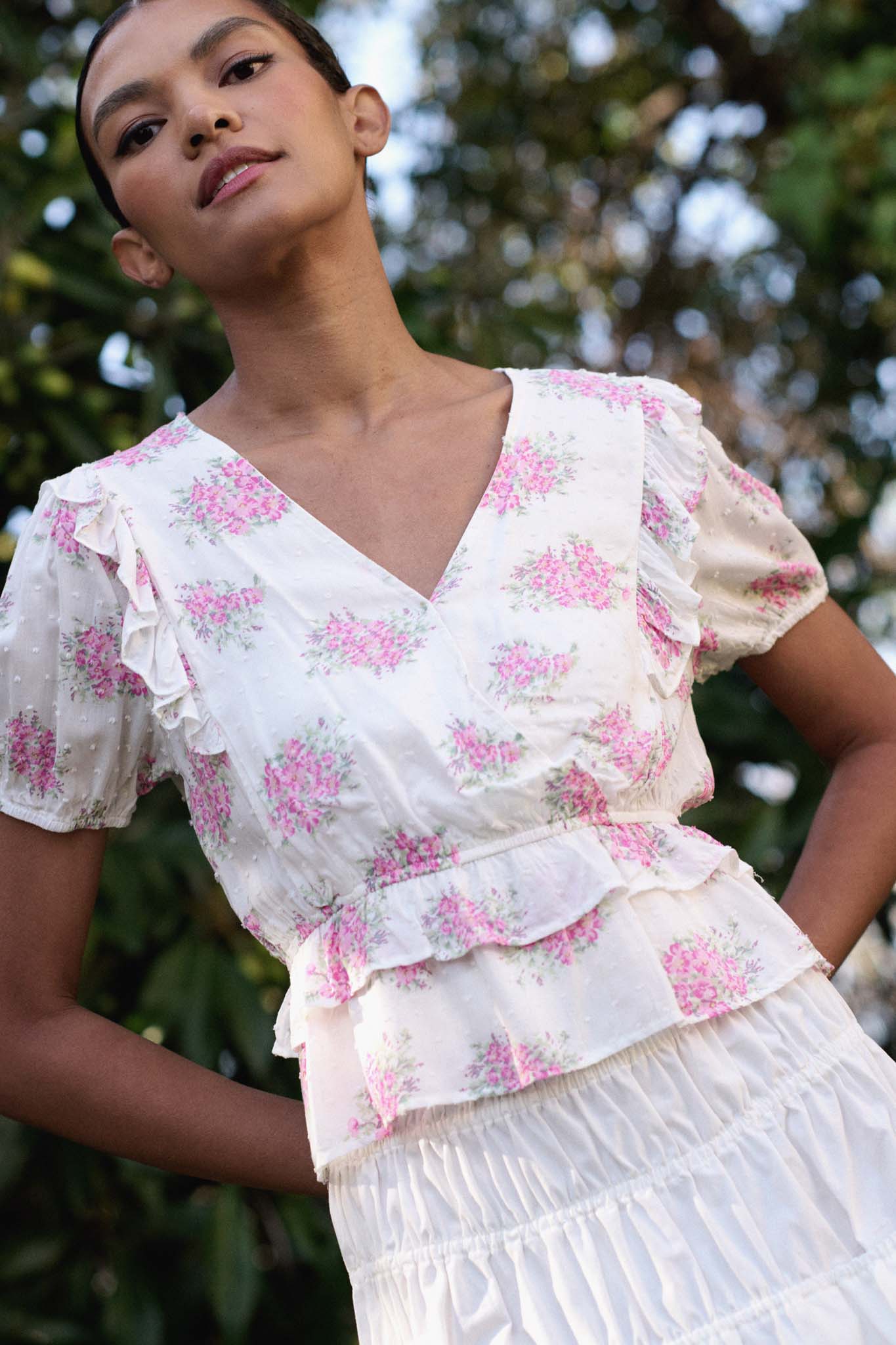 Midsummer Dream Ruffled Floral Surplice Top - ShopPromesa