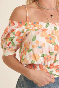 Bright Blooms Smocked Floral Cold Shoulder Top - ShopPromesa