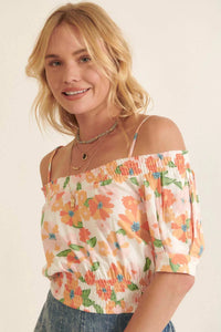 Bright Blooms Smocked Floral Cold Shoulder Top - ShopPromesa