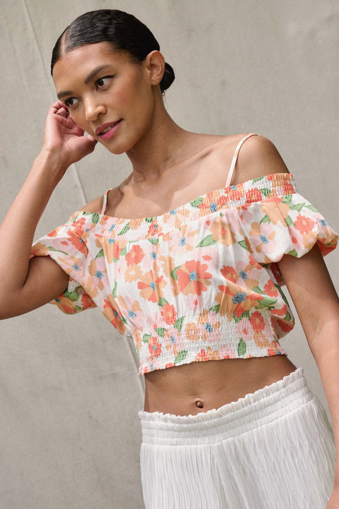 Bright Blooms Smocked Floral Cold Shoulder Top - ShopPromesa