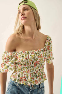 Blooming Joy Floral Lace-Up Peasant Top - ShopPromesa