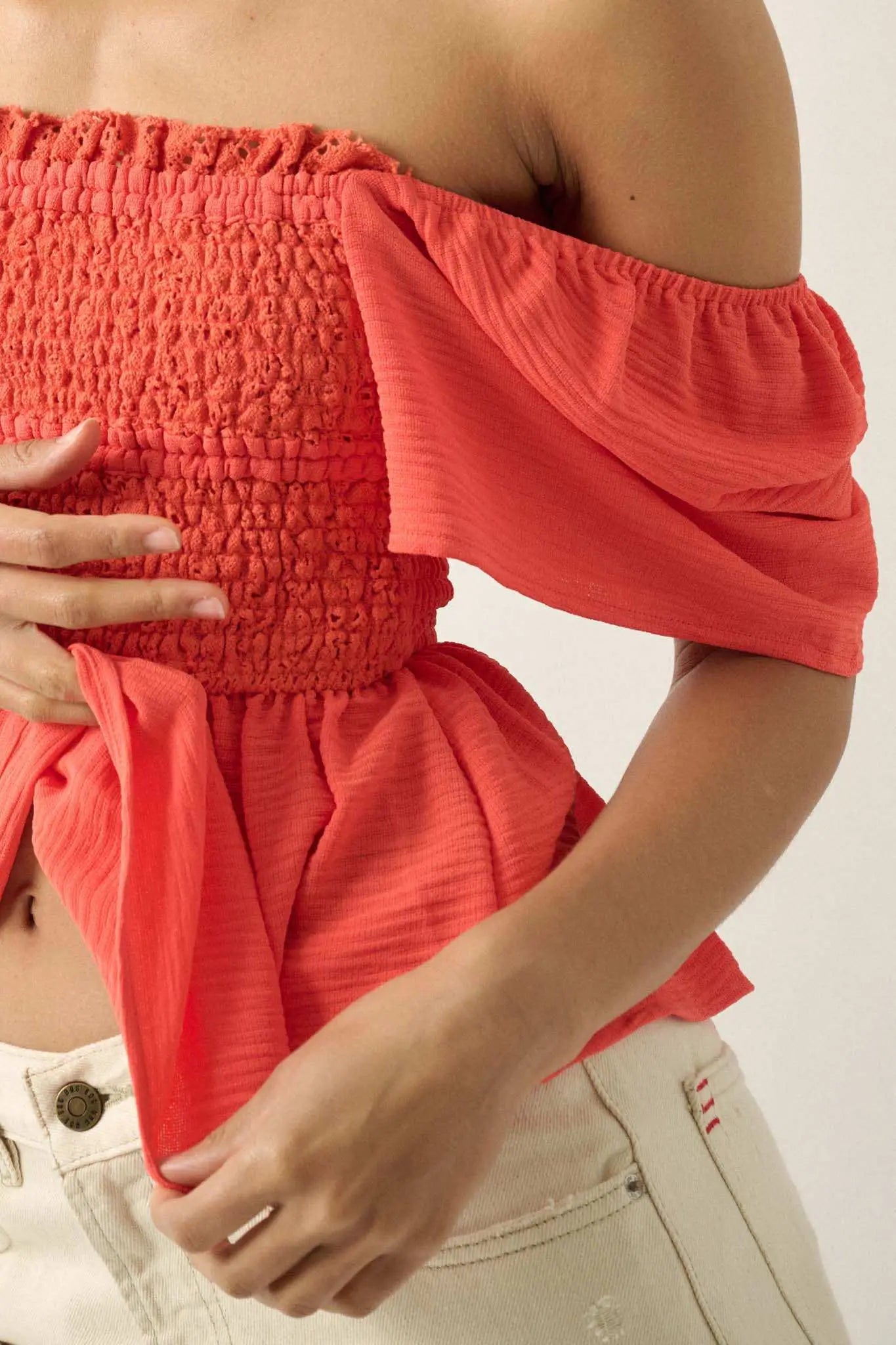 Take It to Heart Smocked Crochet Lace Peasant Top - ShopPromesa