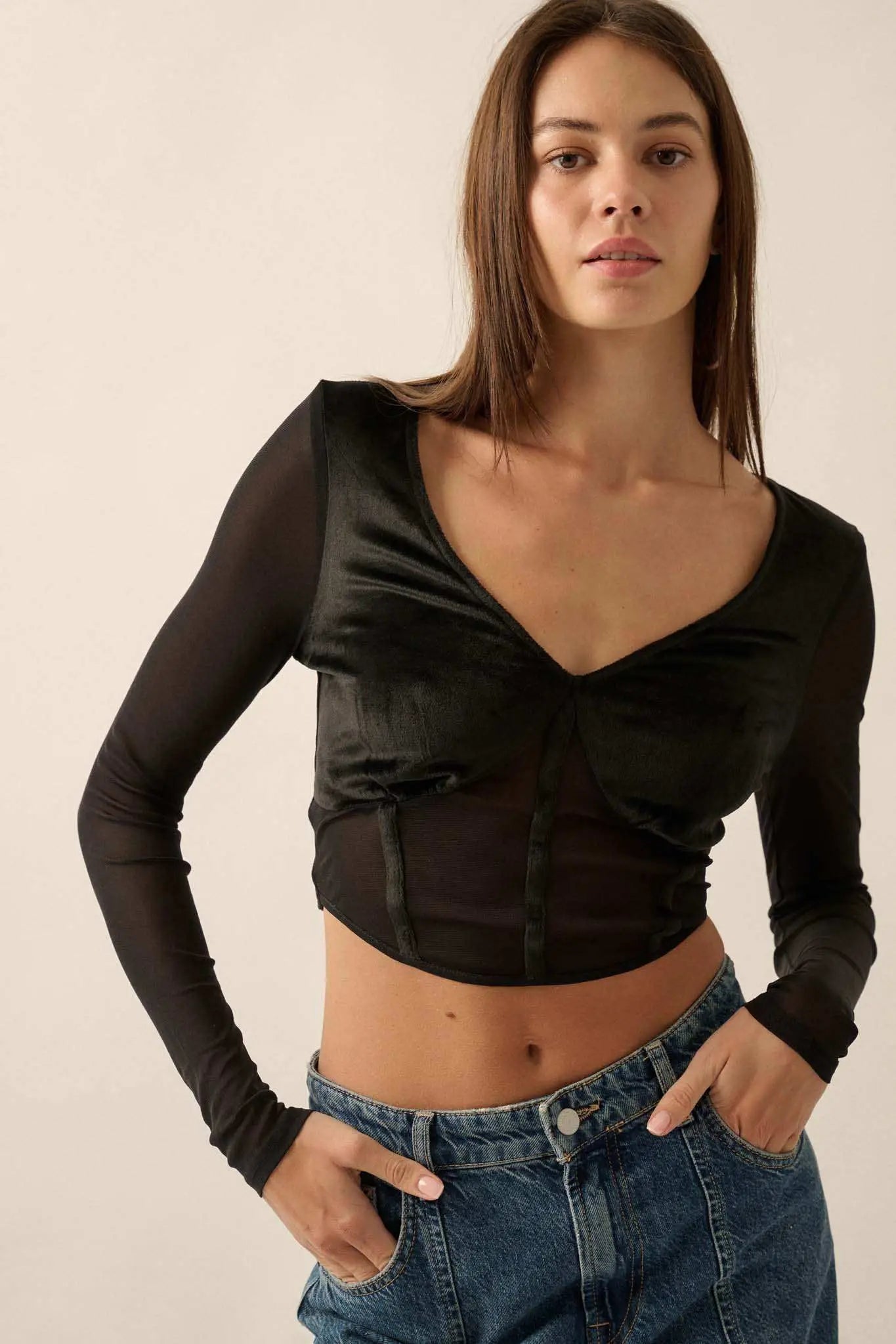 After Dark Velvet and Mesh Cropped Corset Top | ShopPromesa