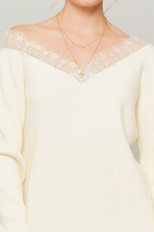 Sweet Emotion Lace V-Neck Rib-Knit Sweater - ShopPromesa