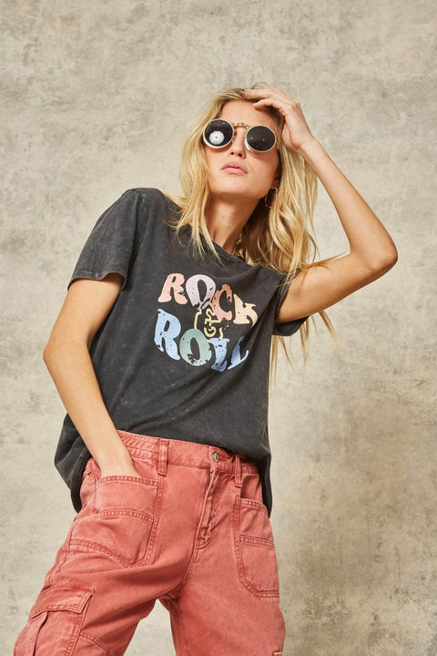 Rock & Roll Stone-Washed Vintage Graphic Tee - ShopPromesa