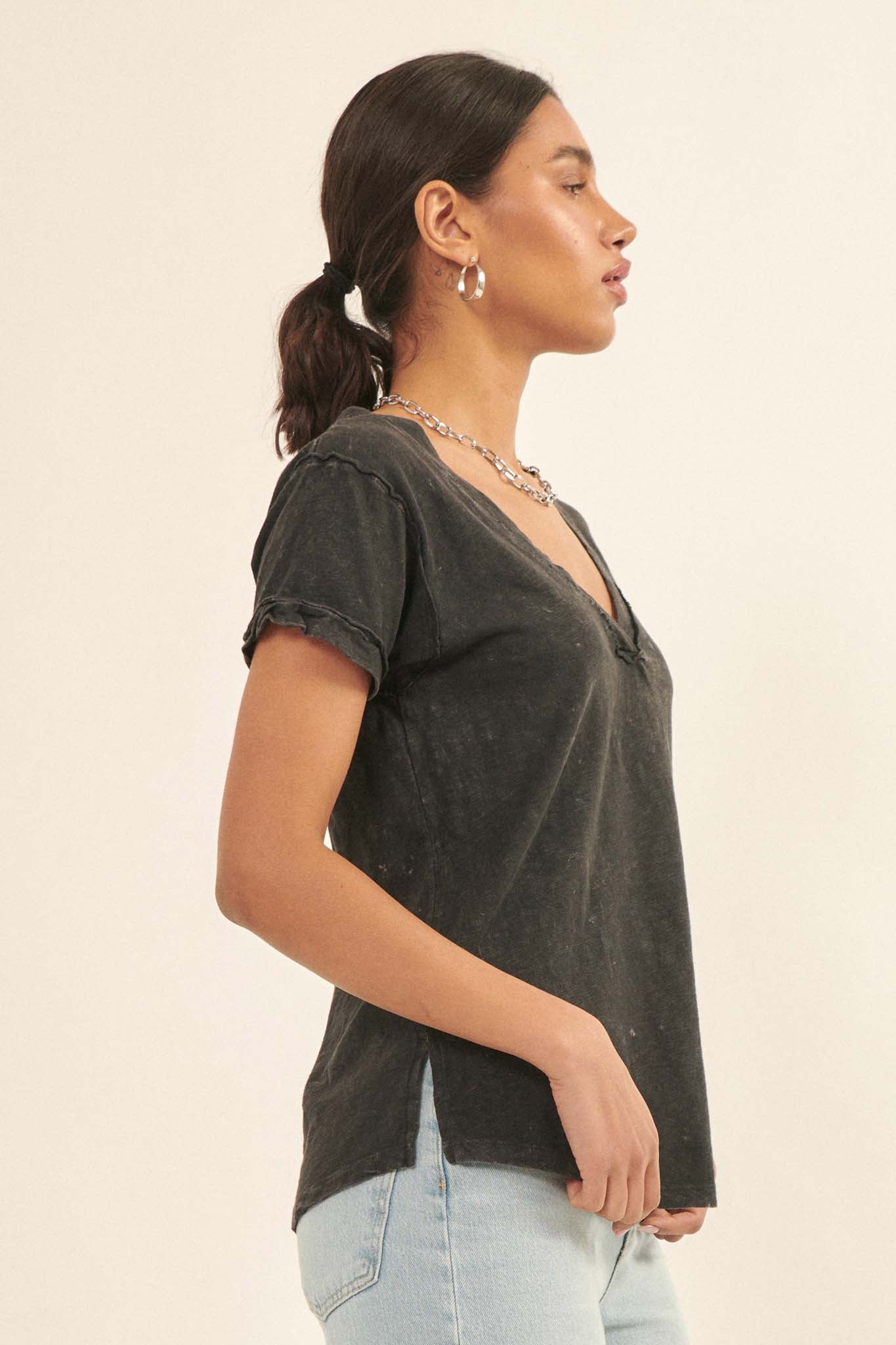 Say Yes Vintage-Wash Exposed Seam V-Neck Tee - ShopPromesa