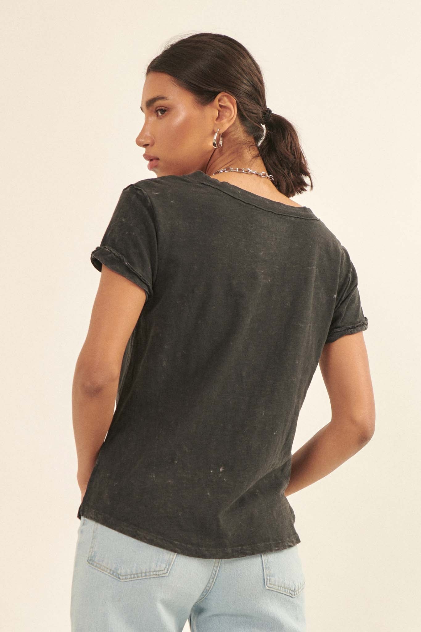 Say Yes Vintage-Wash Exposed Seam V-Neck Tee - ShopPromesa