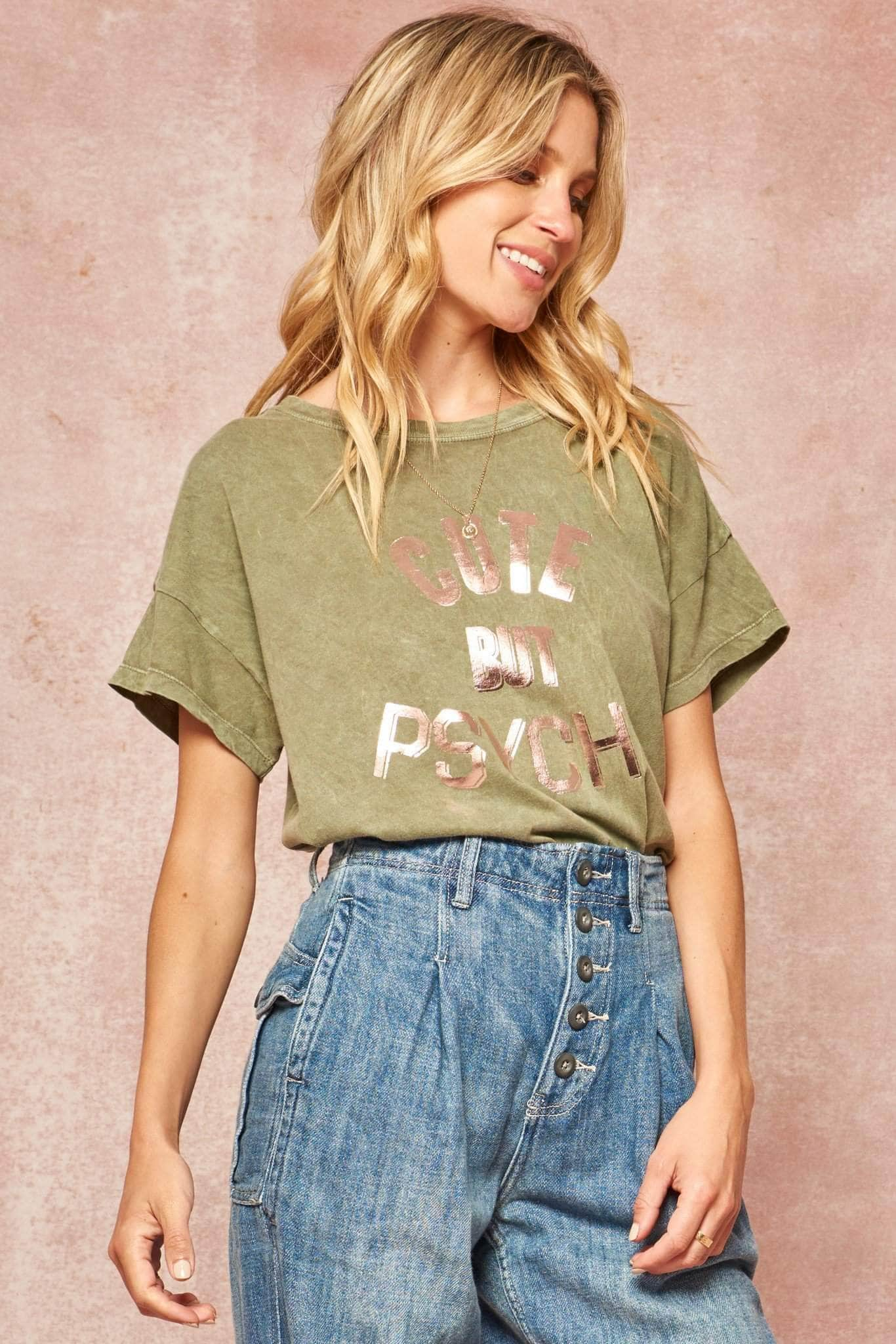 Cute But Psycho Stone-Washed Foil Graphic Tee - ShopPromesa