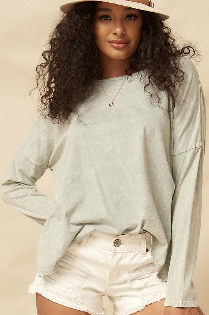 Big Happy Vintage-Washed Oversize Long-Sleeve Tee - ShopPromesa