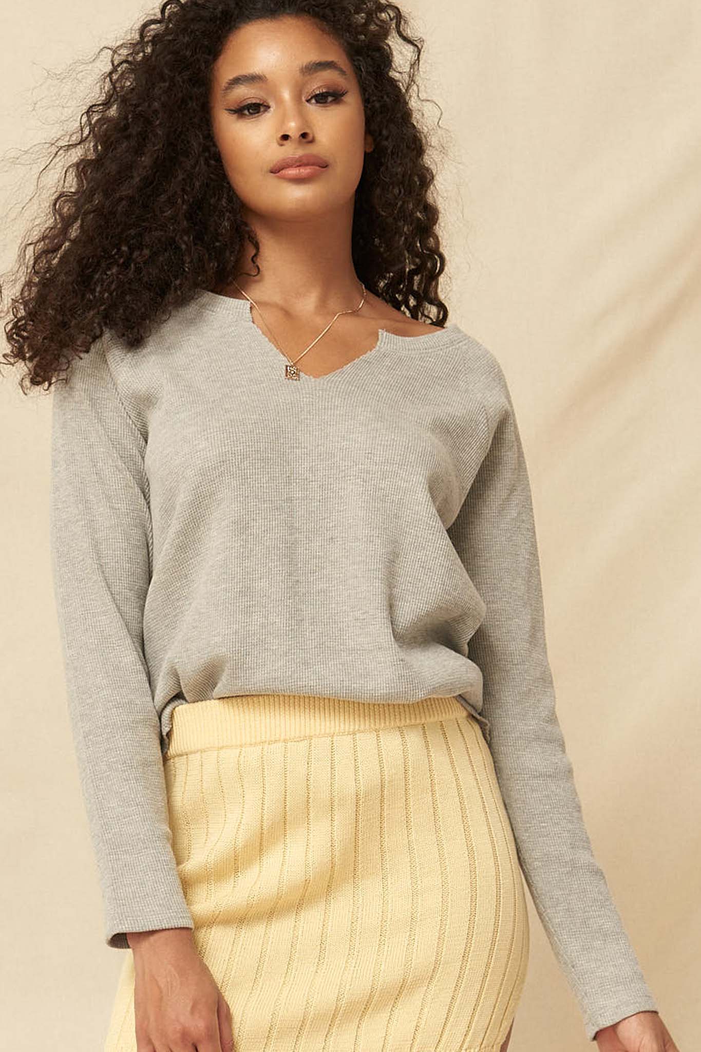 Feeling Good Split-Neck Waffle Knit Thermal Top - ShopPromesa